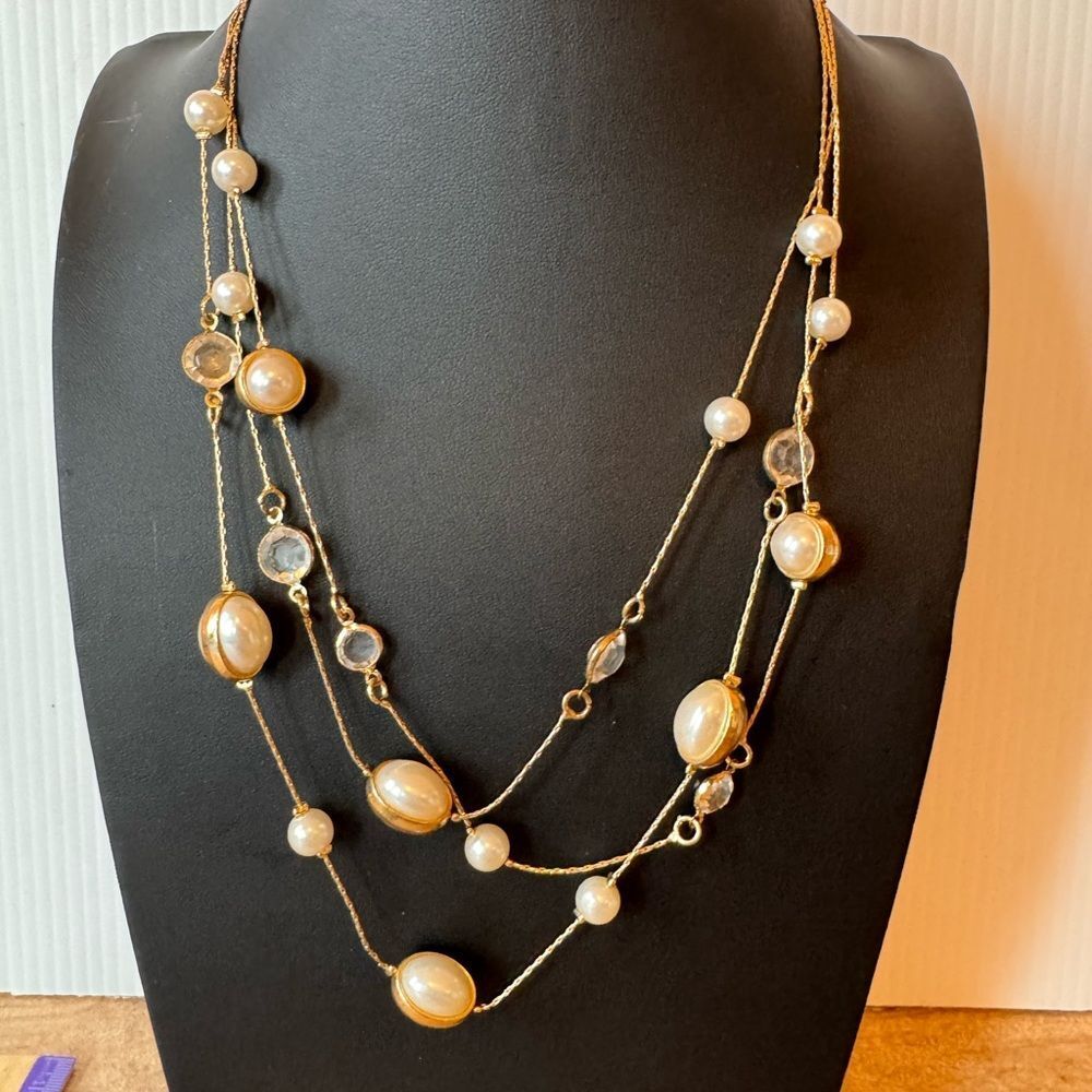RMN Signed Multi-Strand Necklace Layered Classic Faux Pearl Clear Rhinestone